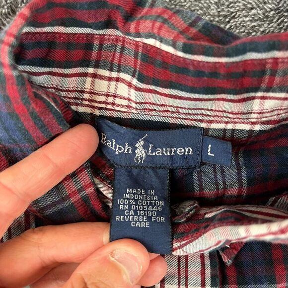 Ralph Lauren Button Up Boys L Long Sleeve Plaid Red Blue Pony Cotton - Picture 3 of 8